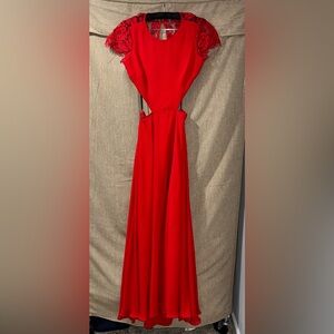 BEBE Size 8 Red Evening Gown with lace sleeves, cut out waist to back detail